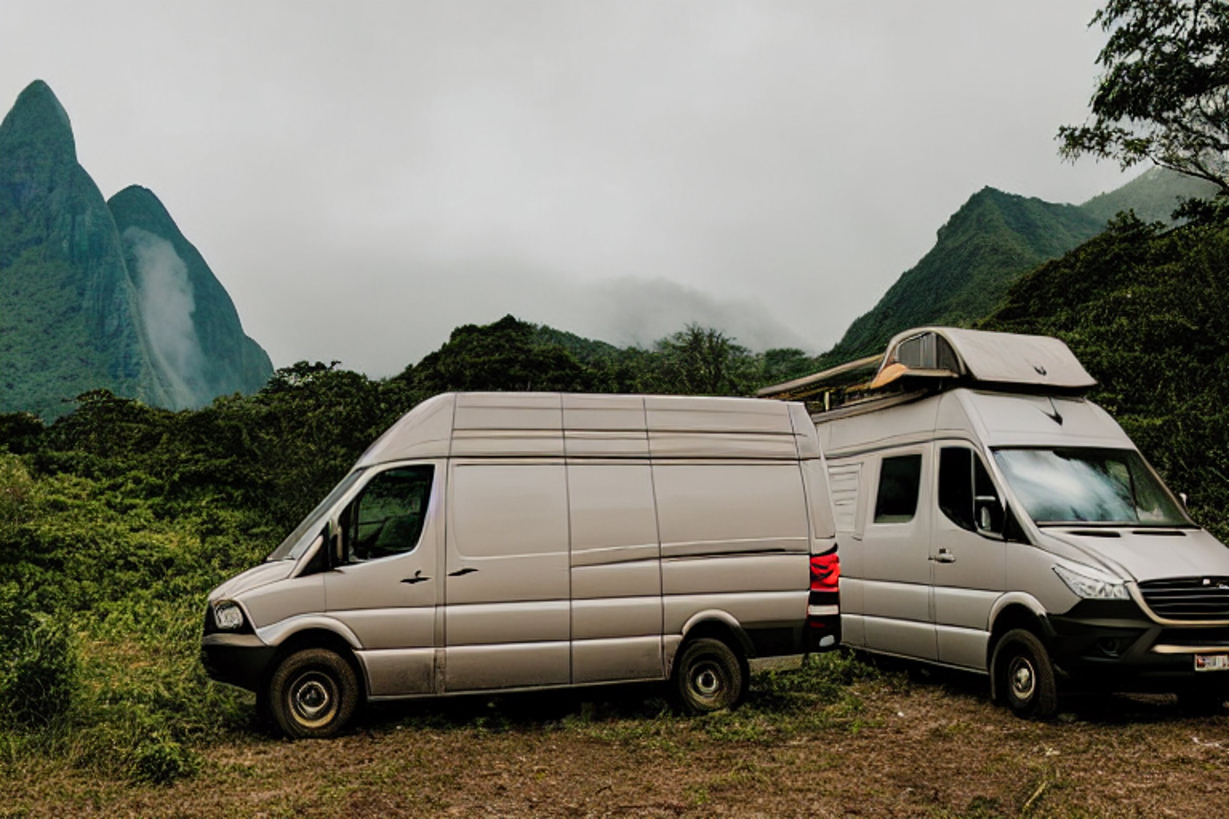 A camper van rests on a dirt campsite beneath the misty mountains of Soufrière, St. Lucia. A winding hiking path, a large log, and a small campfire area add to the peaceful golden-hour scene.