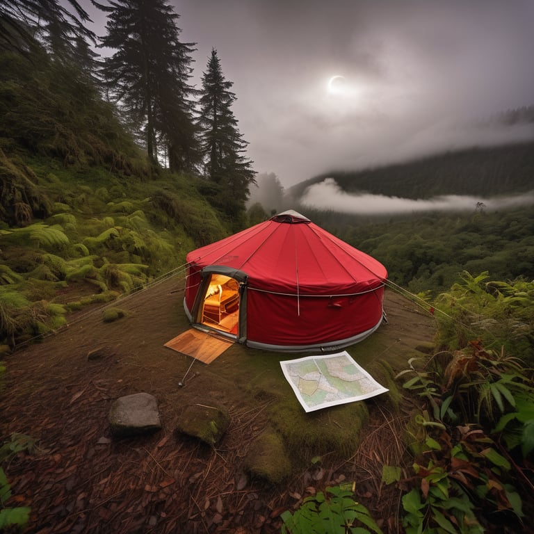 A bright red yurt rests deep in a misty rainforest at night. From the cliff edge, the campsite glows softly through the cloudy air. A map and compass sit in the grass nearby.