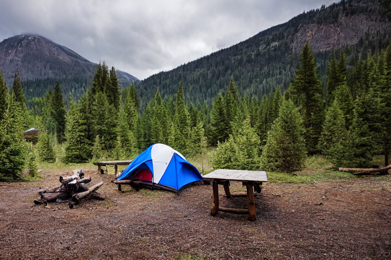 A bright blue tent rests on a paved campsite beside a steaming hot spring. Dark mountains rise in the distance under a stormy sky, while a picnic table and large log sit near the campfire.