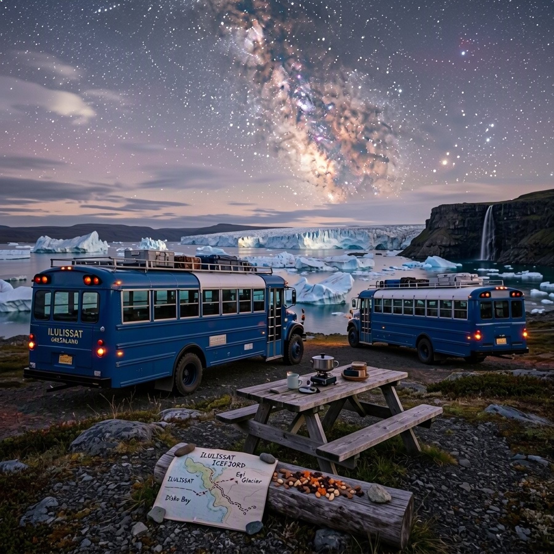 Two blue buses rest quietly on the tundra beneath a sky full of stars. Nearby, a picnic table, camping stove, and hand-drawn map sit beside a dark cliff and a narrow waterfall. Farther off, the glowing glacier shines under the Milky Way.