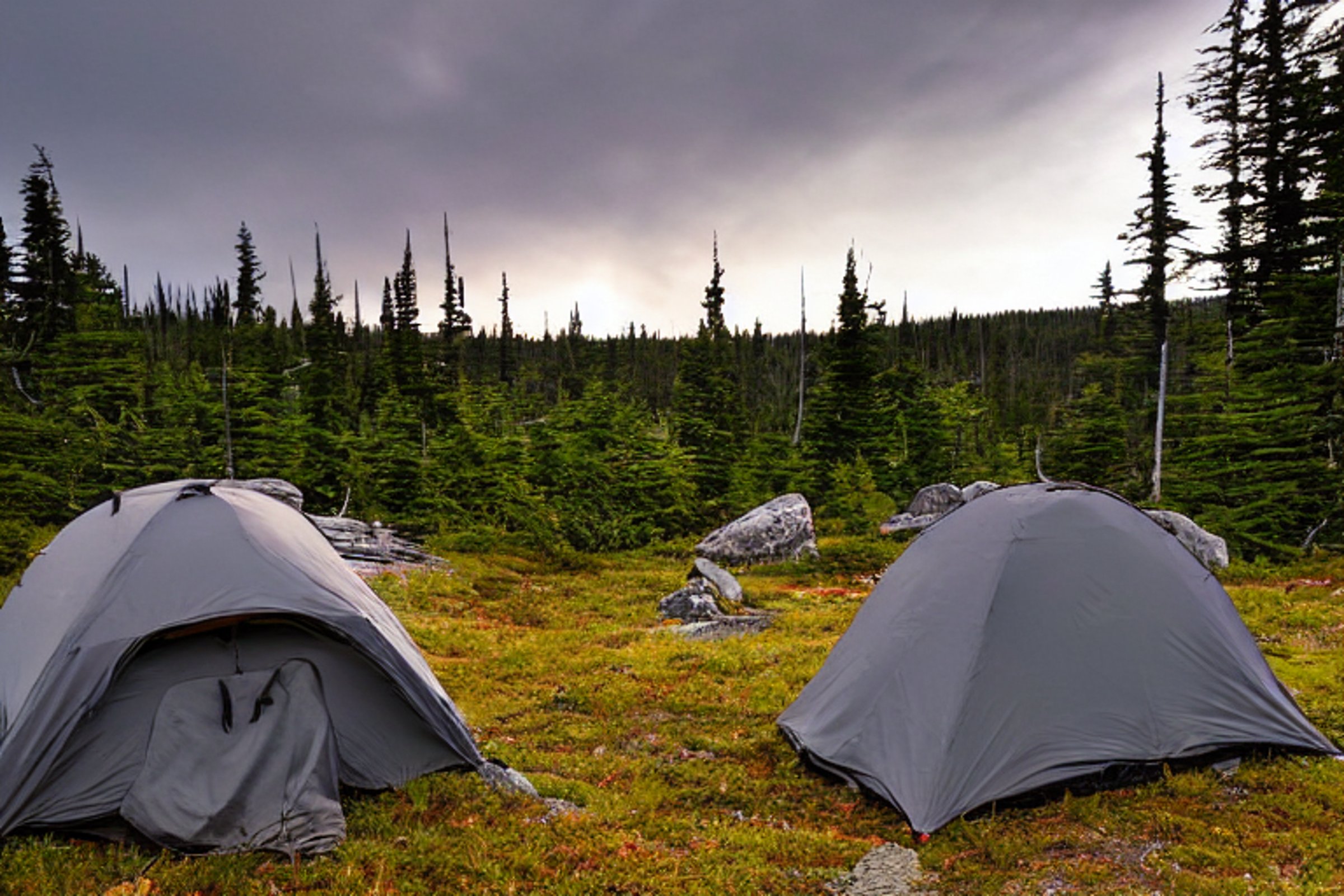 A gray tent rests on a dirt campsite in Isle Royale National Park. Moss-covered trees and fallen leaves surround the site, while mountains rise in the distance. Soft sunset light shines through the cloudy sky, creating a calm, peaceful mood.