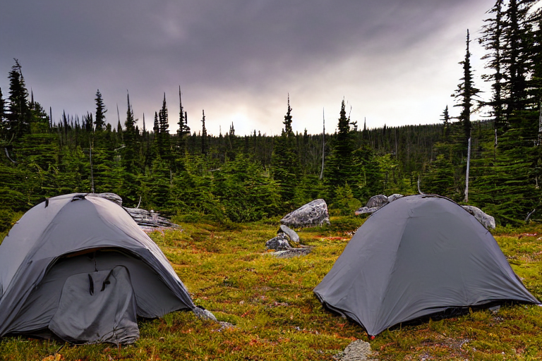 A gray tent rests on a dirt campsite in Isle Royale National Park. Moss-covered trees and fallen leaves surround the site, while mountains rise in the distance. Soft sunset light shines through the cloudy sky, creating a calm, peaceful mood.
