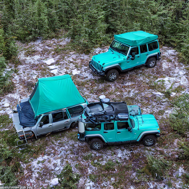 A teal Jeep with a rooftop tent rests at a quiet campsite in a snowy, overgrown forest. Camping chairs sit on a dirt patch beneath a sky full of stars, with a tall mountain rising in the distance.