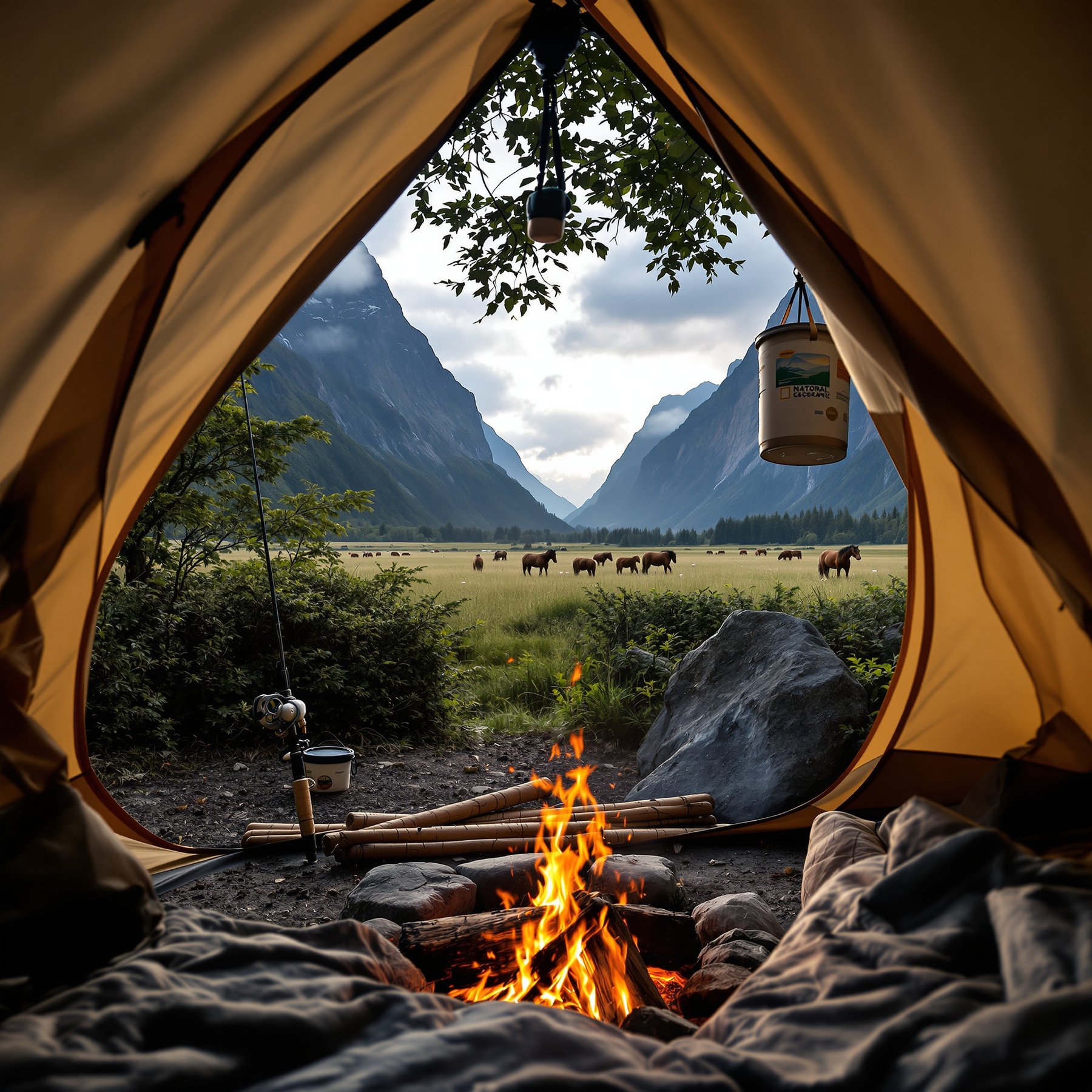 Wake up to a cozy campfire and a stunning view of wild horses grazing in a green valley. Tall mountains surround the campsite, making it look like a secret hideaway. The air feels fresh and peaceful, perfect for a day of adventure.