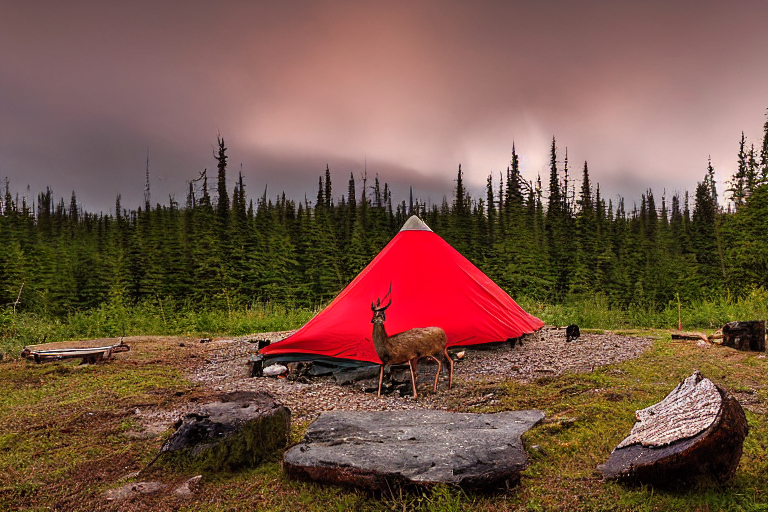 A bright red tent rests on a quiet dirt campsite in the Alaskan wilderness. Rainy sunrise light shines on the rocks and stone slabs, while a small campfire glows in the center. A deer stands far away among the trees.