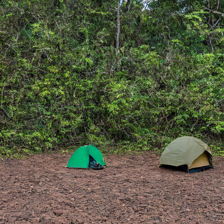 A green and tan tent rests on a dirt campsite in Hawaii as the sun rises. Snow dusts the ground, while fallen leaves and a picnic table add a cozy touch. In the distance, a camper shines a flashlight through the chilly morning air.