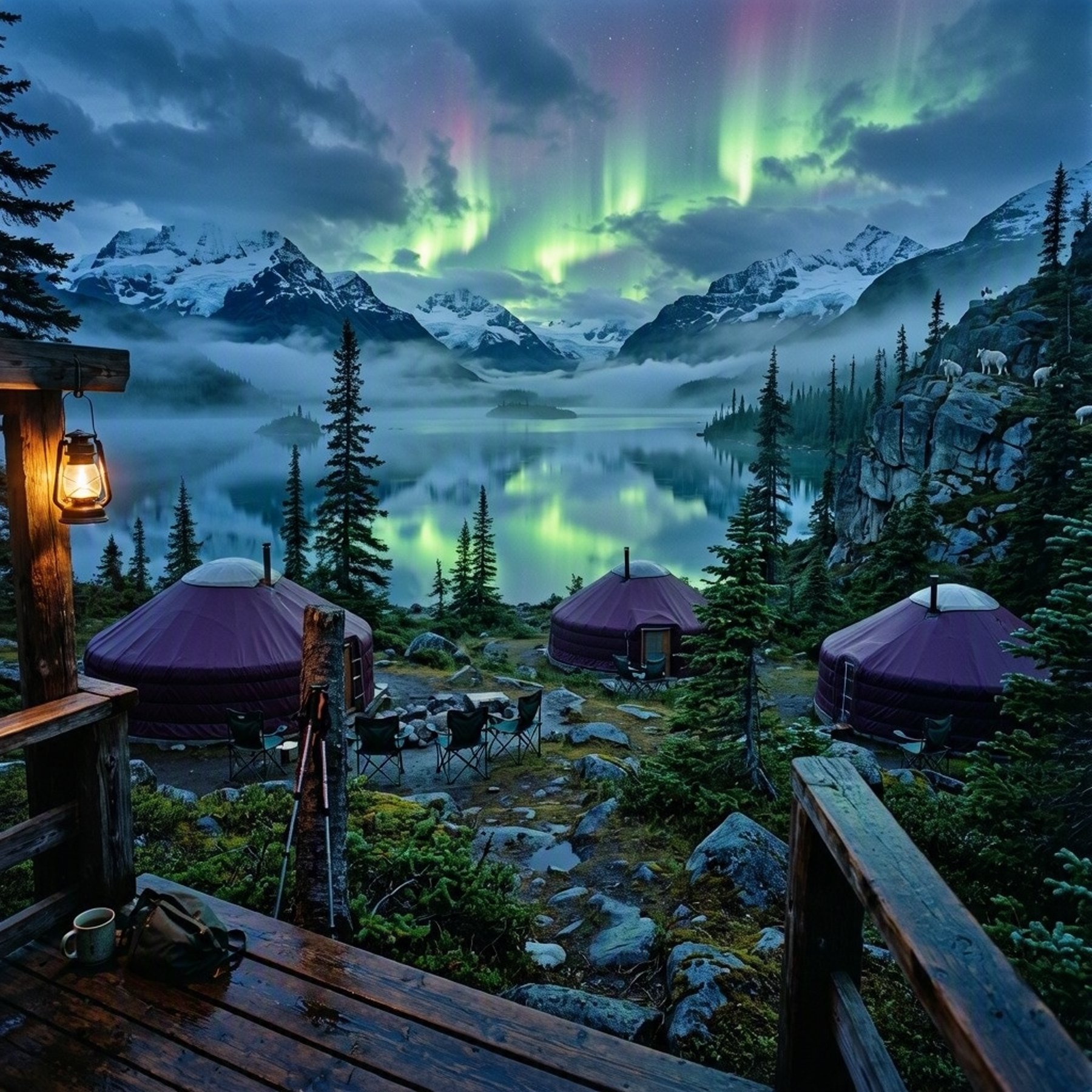 Four plum-colored yurts rest in a mossy spruce grove beside a still lake. Empty chairs and trekking poles wait among the rocks as soft fog drifts through the valley. Above, green aurora glows beneath stormy clouds, while mountain goats climb the distant cliffs.