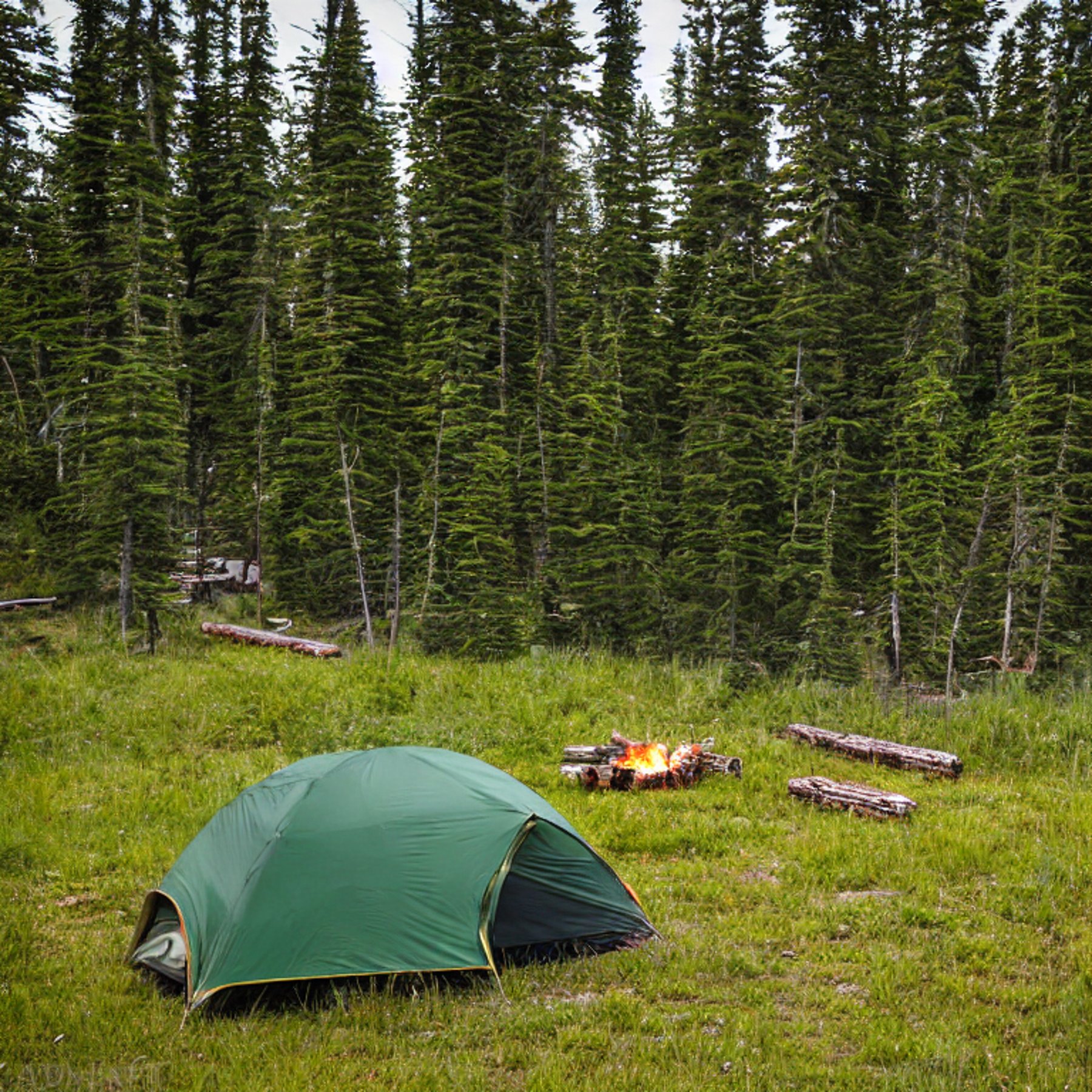 A green tent rests on a quiet dirt campsite in Glacier National Park. Tall grass, a crackling campfire, and stacked logs fill the clearing, while grand mountains rise in the cloudy sunrise.