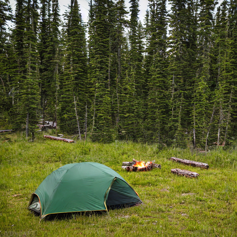 A green tent rests on a quiet dirt campsite in Glacier National Park. Tall grass, a crackling campfire, and stacked logs fill the clearing, while grand mountains rise in the cloudy sunrise.