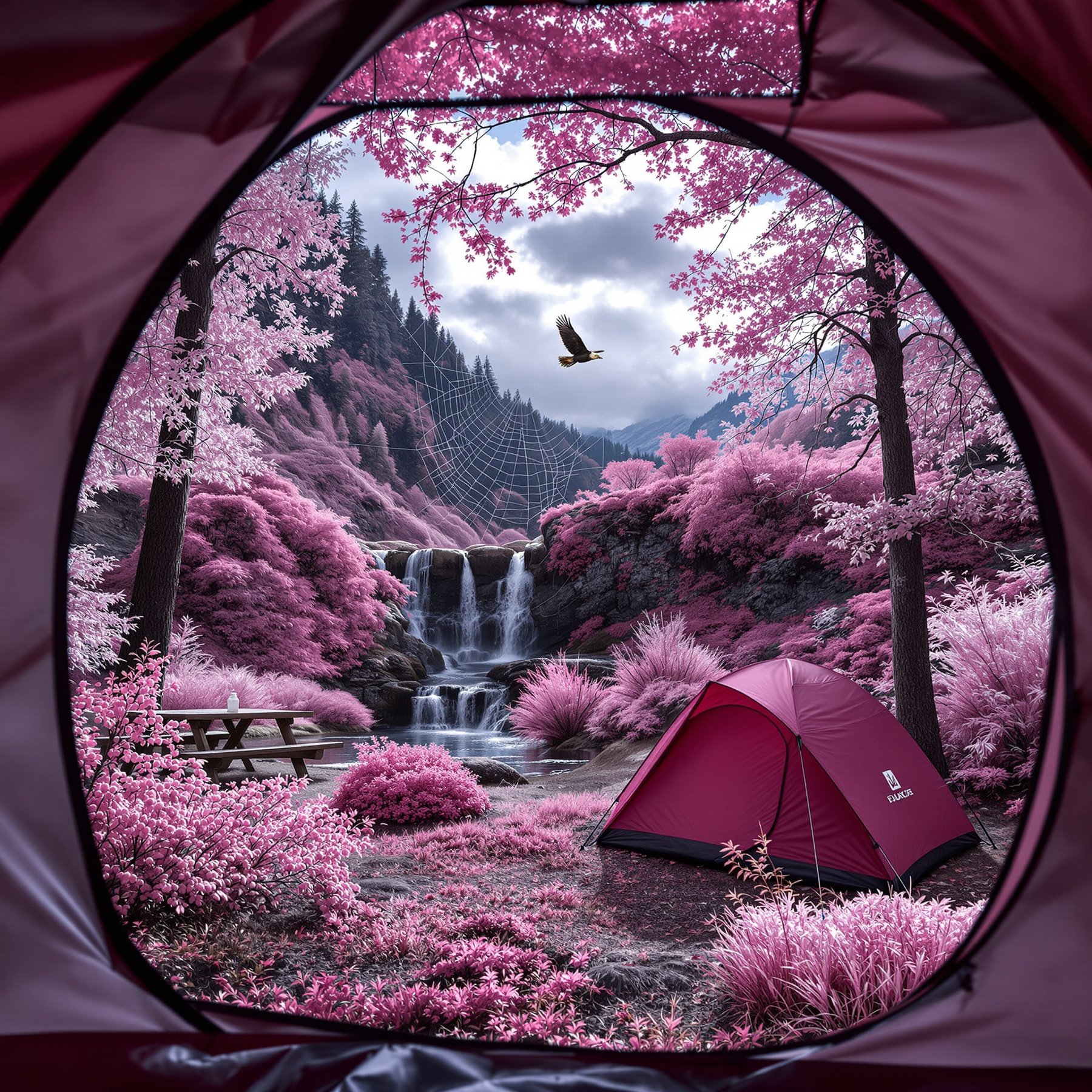 This campsite sits by a magical waterfall surrounded by bright pink trees and bushes. A cozy tent waits near a picnic table, while a bird flies above and a giant spider web glistens in the air. It’s a peaceful place to explore and enjoy nature’s beauty.
