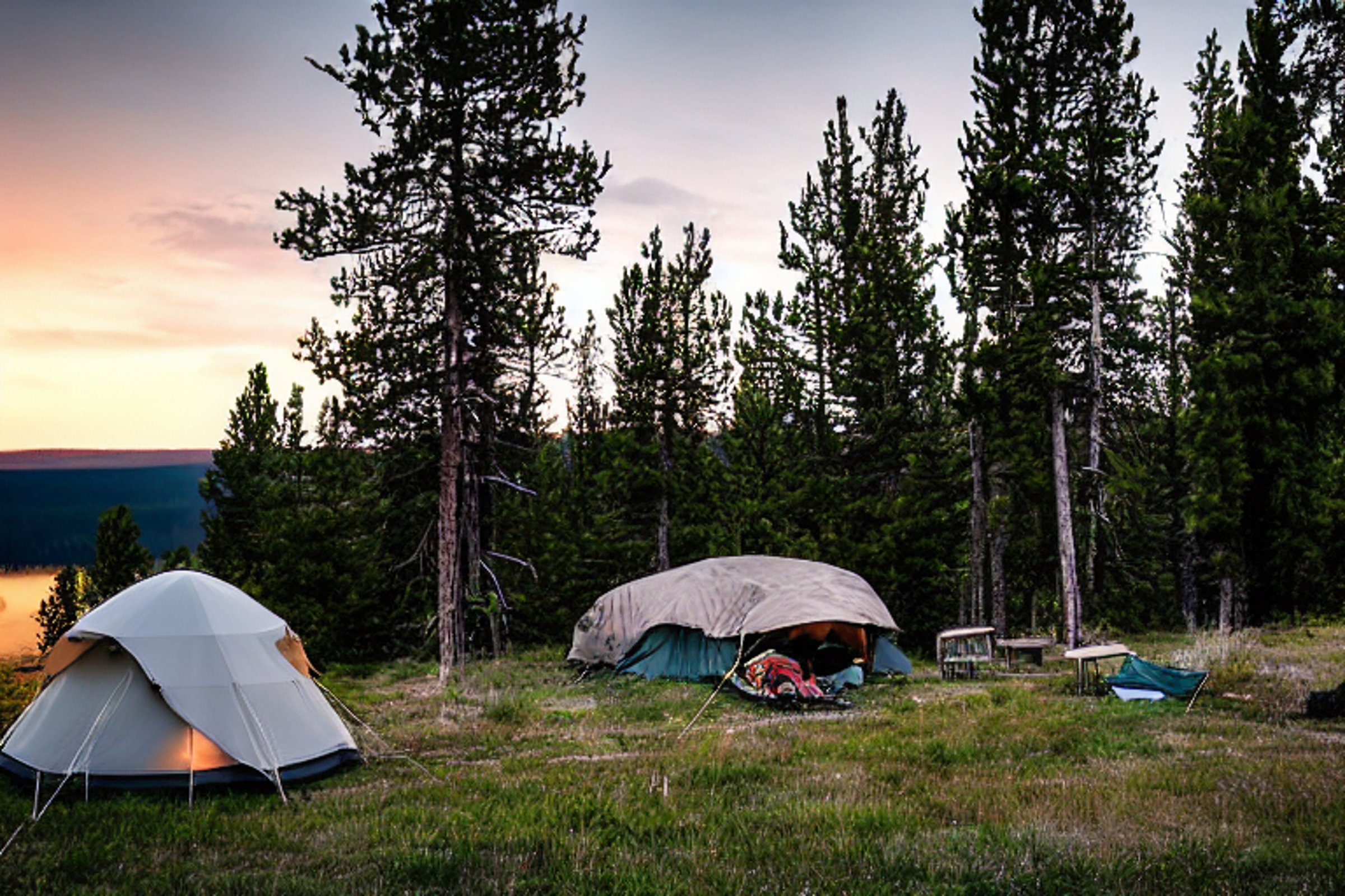 A forest-green tent rests on a quiet paved campsite in Yellowstone at sunset. Bushes, gravel, and a large rock surround the camp, while a wooden guitar lies on the ground nearby.