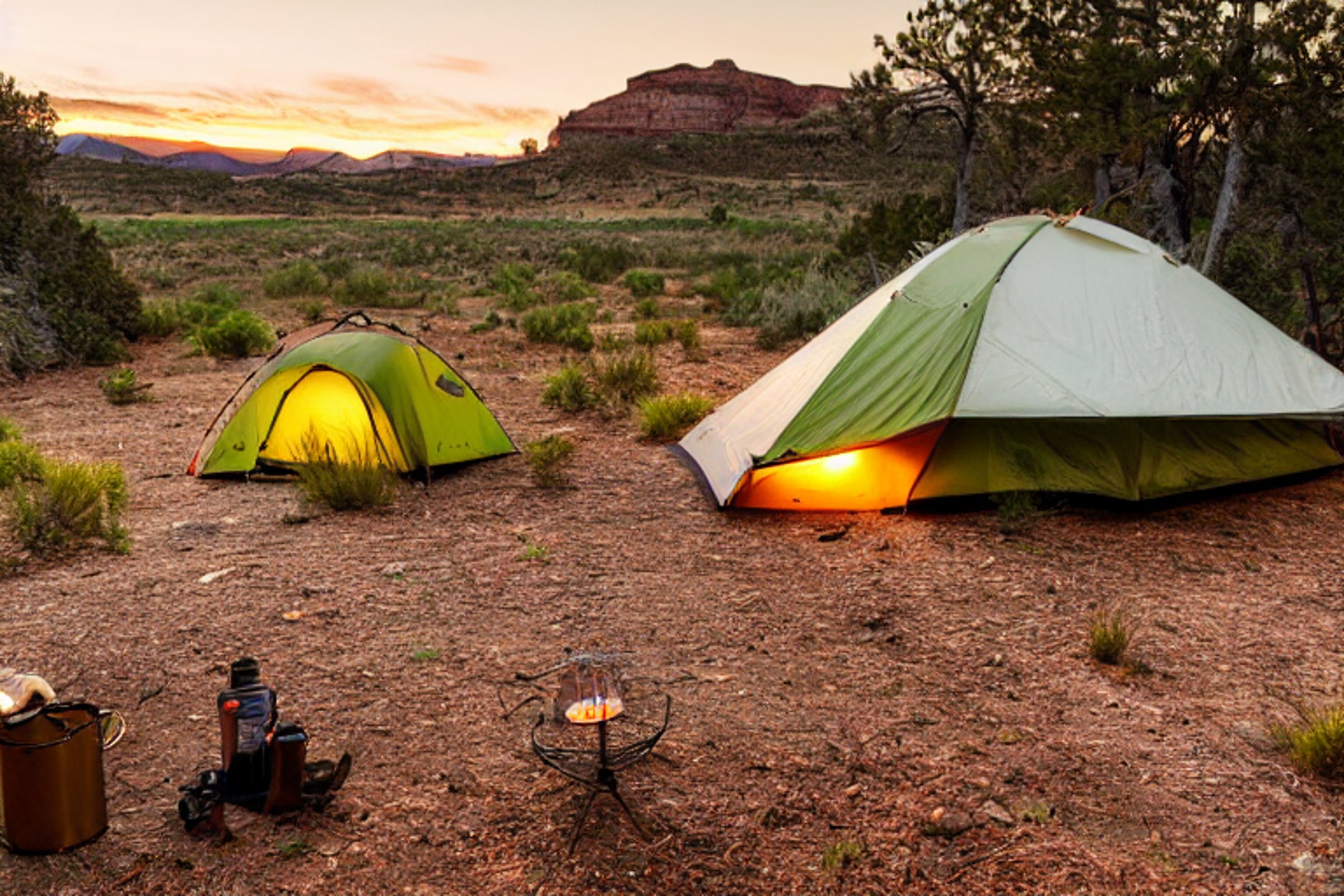 A green tent rests on a dirt clearing in Capitol Reef National Park. Snowy cliffs and trees surround the cozy campfire as the sun rises. A lantern and picnic table add a warm, welcoming touch.