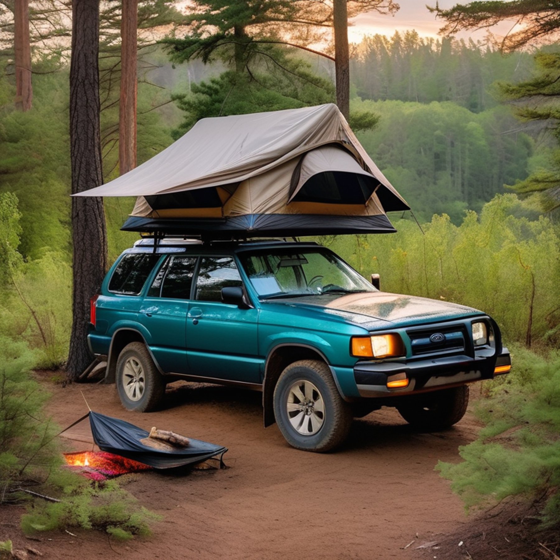A teal Subaru sits in a quiet forest clearing with a cozy rooftop tent ready for the night. A hammock hangs between the trees, surrounded by thick bushes and soft dirt. Nearby, a campfire rests beside a large log as the cloudy sunset brings a warm glow.