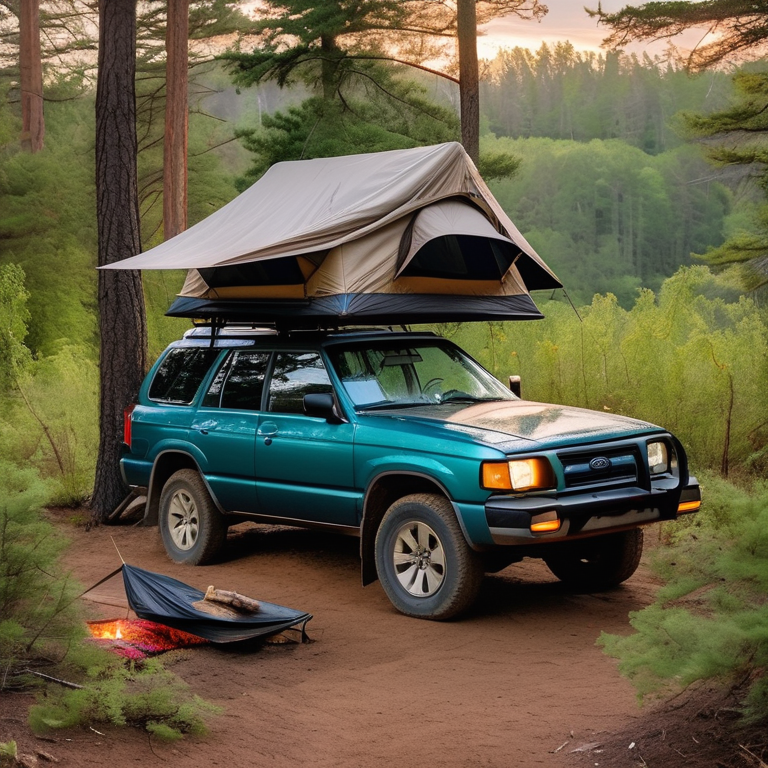 A teal Subaru sits in a quiet forest clearing with a cozy rooftop tent ready for the night. A hammock hangs between the trees, surrounded by thick bushes and soft dirt. Nearby, a campfire rests beside a large log as the cloudy sunset brings a warm glow.