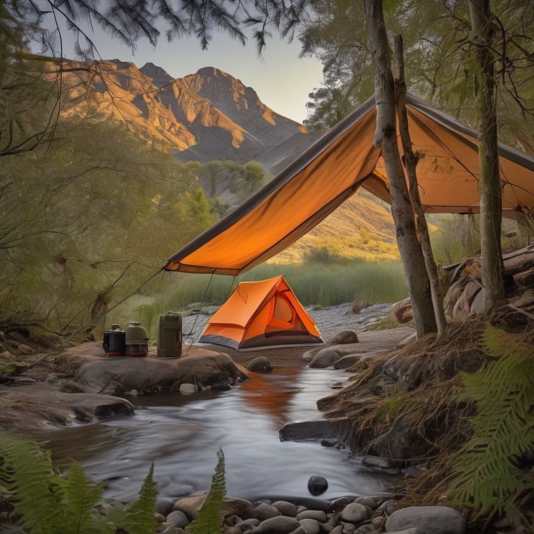 A gray and orange tent rests beside a warm spring, surrounded by ferns and a clear, bubbling stream. A lantern hangs from a tree, while a fishing rod waits nearby. Under the bright moon and clear sky, the campsite feels peaceful and cozy.