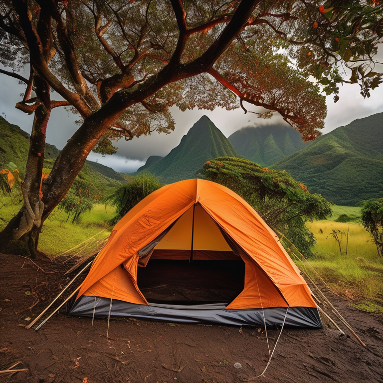 A gray and orange tent rests beside a warm campfire in a grassy campsite. Rolling hills and fall-colored trees surround the scene, with berry bushes nearby. Rainy skies give this peaceful spot a fresh, cozy feeling.