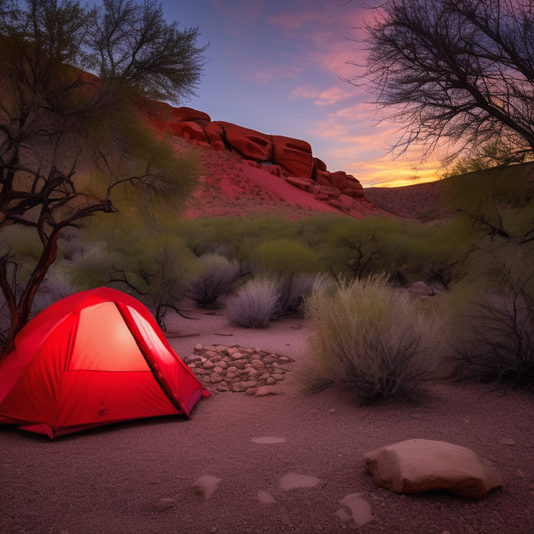 A red and white tent rests beside a warm campfire in the quiet New Mexico desert. Large bushes, mossy trees, and scattered stones surround the dusty campsite, while soft fog and sunrise light fill the sky.