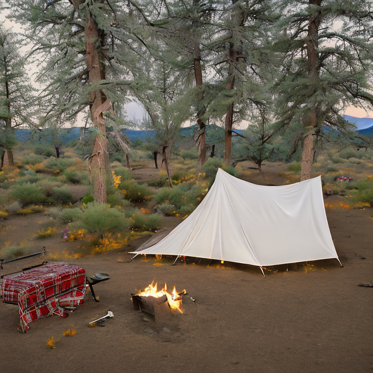 A white tent glows beside a warm campfire in the snowy New Mexico desert. A wooden guitar rests on the ground among leaves and flowers, while mossy trees stand nearby under the dark night sky.