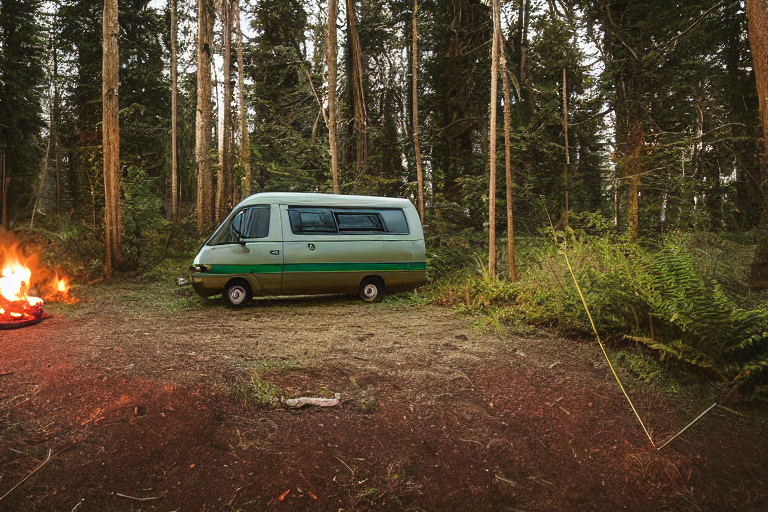 A forest-green van rests beside a cozy campfire on a snowy beach at sunrise. Ferns and a large log surround the dirt campsite, while a nearby tent glows softly and a person shines a flashlight in the distance.