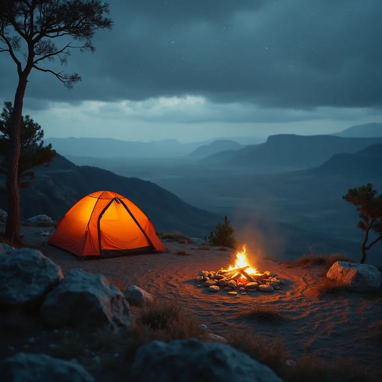 An orange tent rests in a wide, rainy desert surrounded by rolling hills and small trees. A warm campfire crackles nearby as marshmallows roast, while a delicate spider web stretches between two trees.