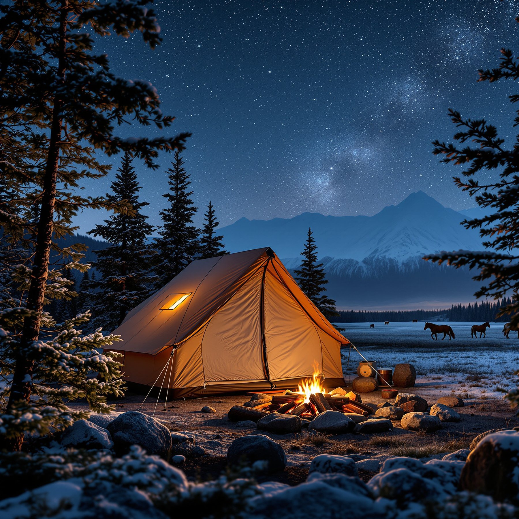 A cozy tent glows by a warm campfire under a sky full of stars. Tall pine trees and snowy mountains surround the campsite. Nearby, wild horses graze in the peaceful night.