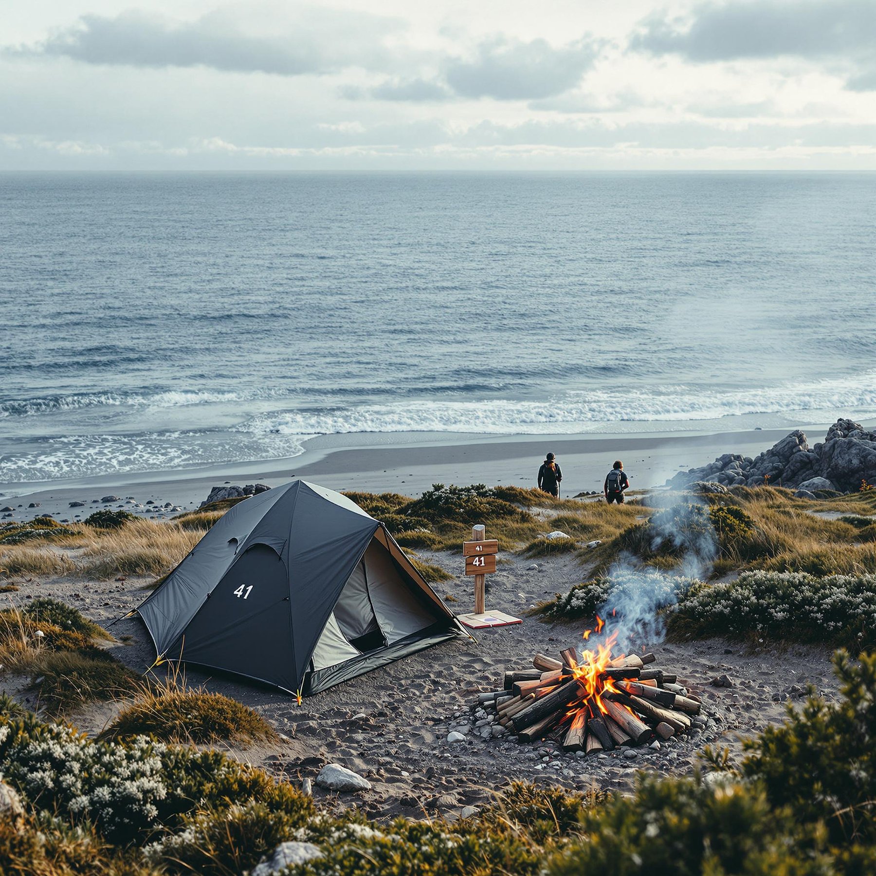 Set right by the ocean, this cozy campsite has a tent, a glowing campfire, and views of rolling waves. The soft sand and green bushes make it feel peaceful and fun. It’s a perfect spot for adventure by the shore!