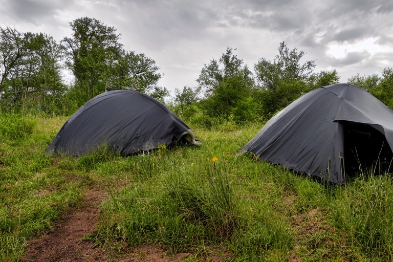 A black tent rests on a dirt campsite beside a quiet creek. Tall grass, rough ground, and a winding hiking path give the scene a wild, peaceful feel under cloudy skies.