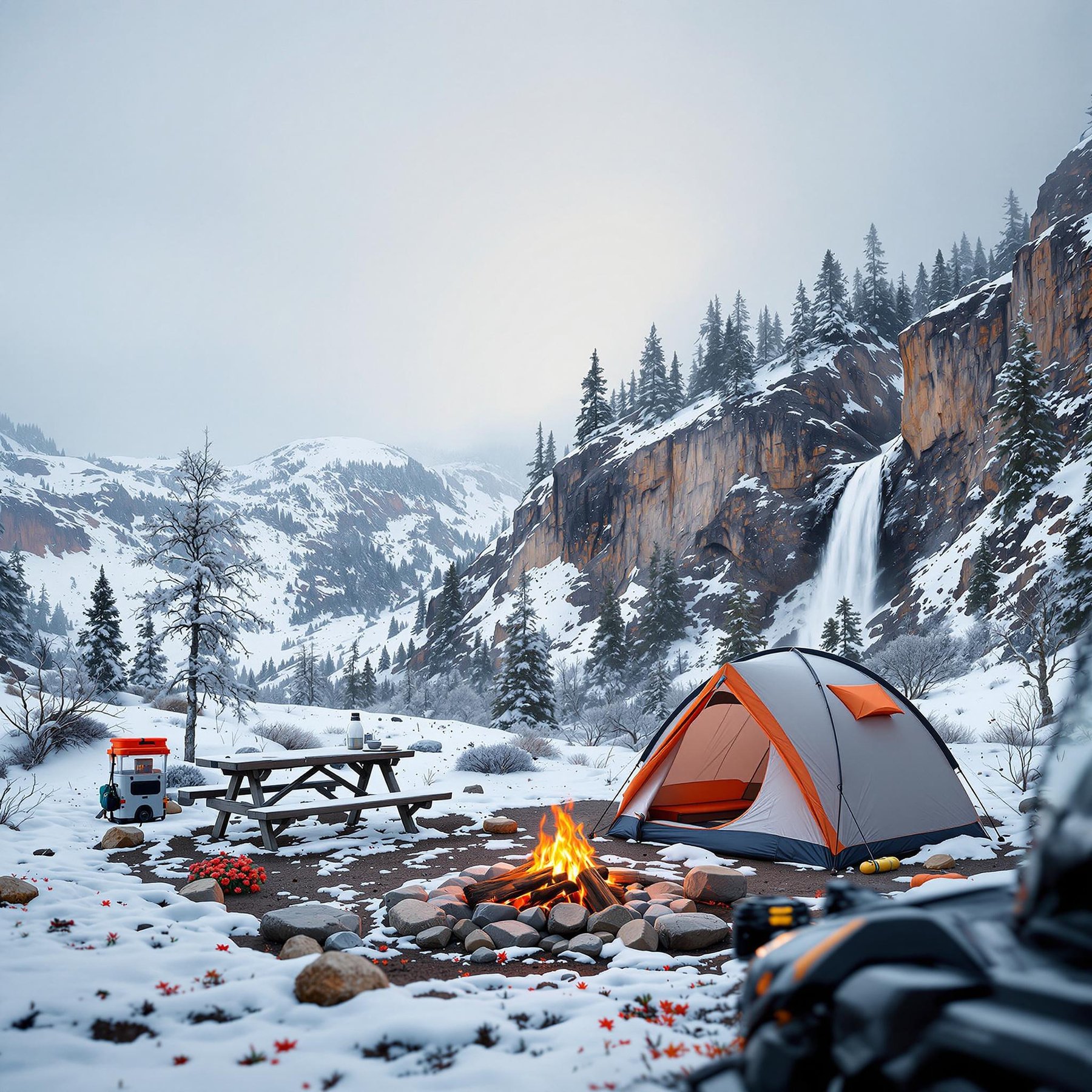 A gray and orange tent rests in the New Mexico desert beside a picnic table and a stone-ringed campfire. Wildflowers dot the ground, while a waterfall pours down a nearby cliff. A bear-proof food container hangs from a tree as the quiet campsite waits under a cloudy sky.