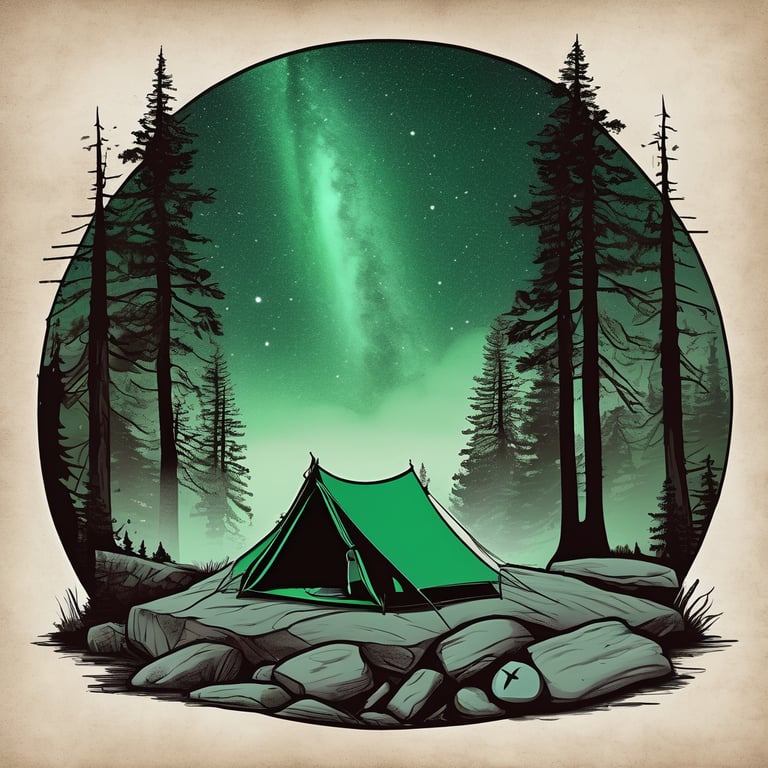 A mint-green tent rests among giant sequoias and rough stone slabs beneath glowing northern lights. Fog drifts through the quiet campsite, while a squirrel scurries nearby and a hummingbird hovers over a flower. Binoculars hang from a tree branch, inviting you to explore the night sky.