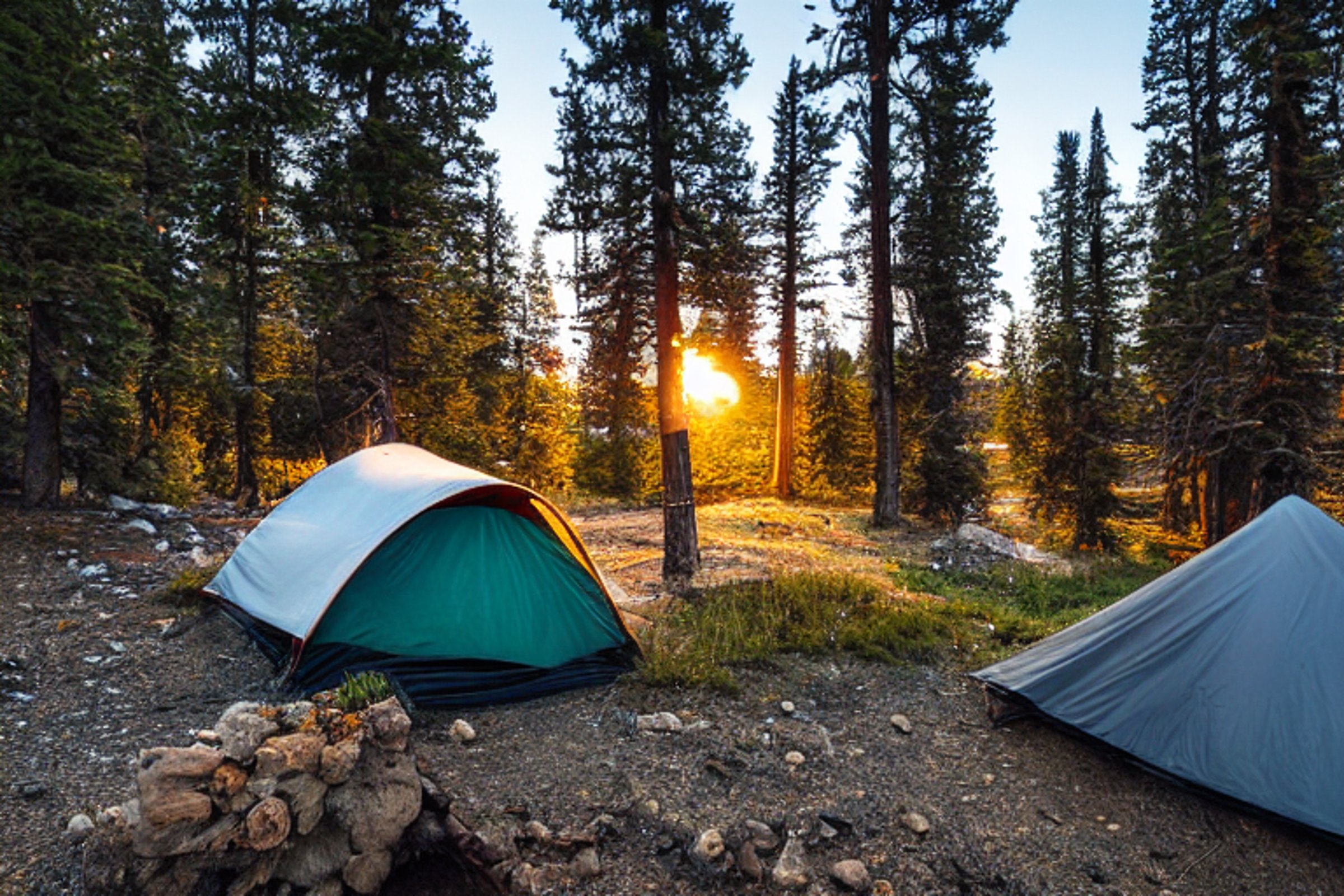 A black tent rests beside a sparkling stream in a quiet Montana campsite. A warm campfire glows among the stones, while golden sunlight shines through the small trees. Inside the tent, a soft light makes it feel cozy.