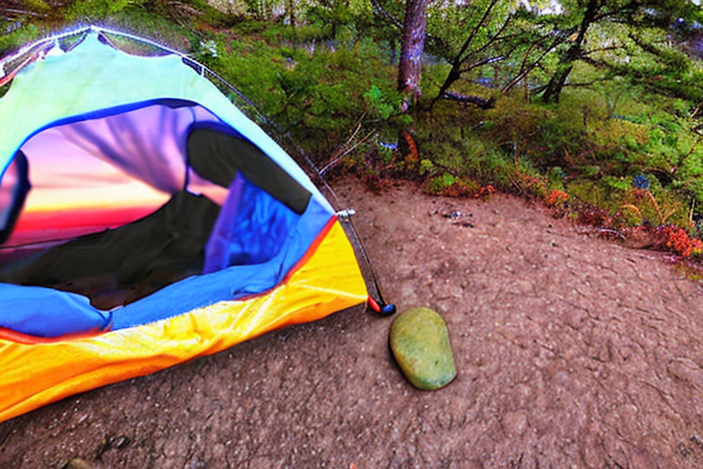 A colorful tent rests on a paved campsite in Upstate New York. Stormy clouds roll over the land as sunrise casts a soft glow on the stones, twigs, and berry-covered bushes.