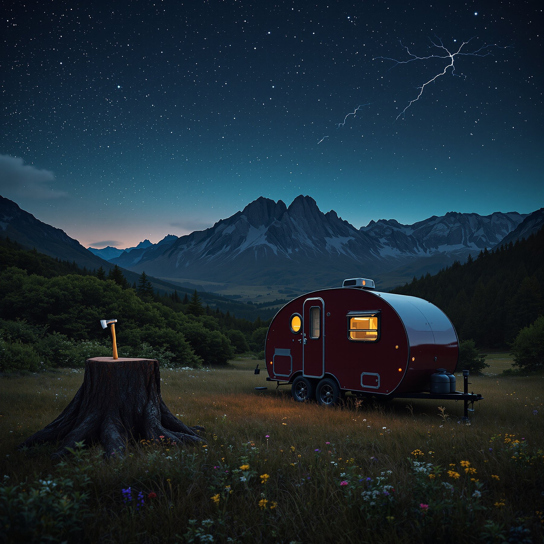 A cozy red camper sits in a wildflower meadow under a starry night sky, with tall mountains in the distance. The air feels fresh, and there's a glowing light inside the trailer. An ax sits on a tree stump, ready for adventure.