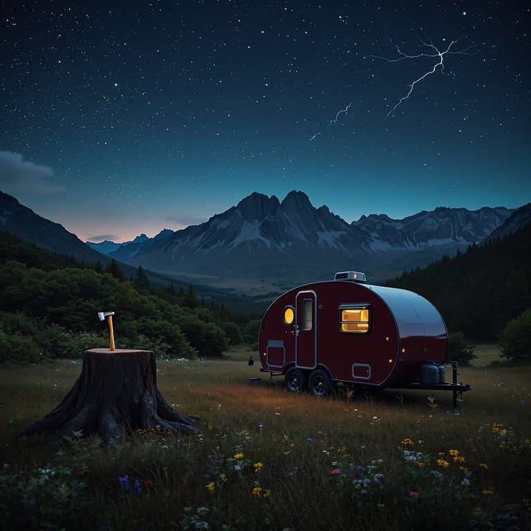 A cozy red camper sits in a wildflower meadow under a starry night sky, with tall mountains in the distance. The air feels fresh, and there's a glowing light inside the trailer. An ax sits on a tree stump, ready for adventure.