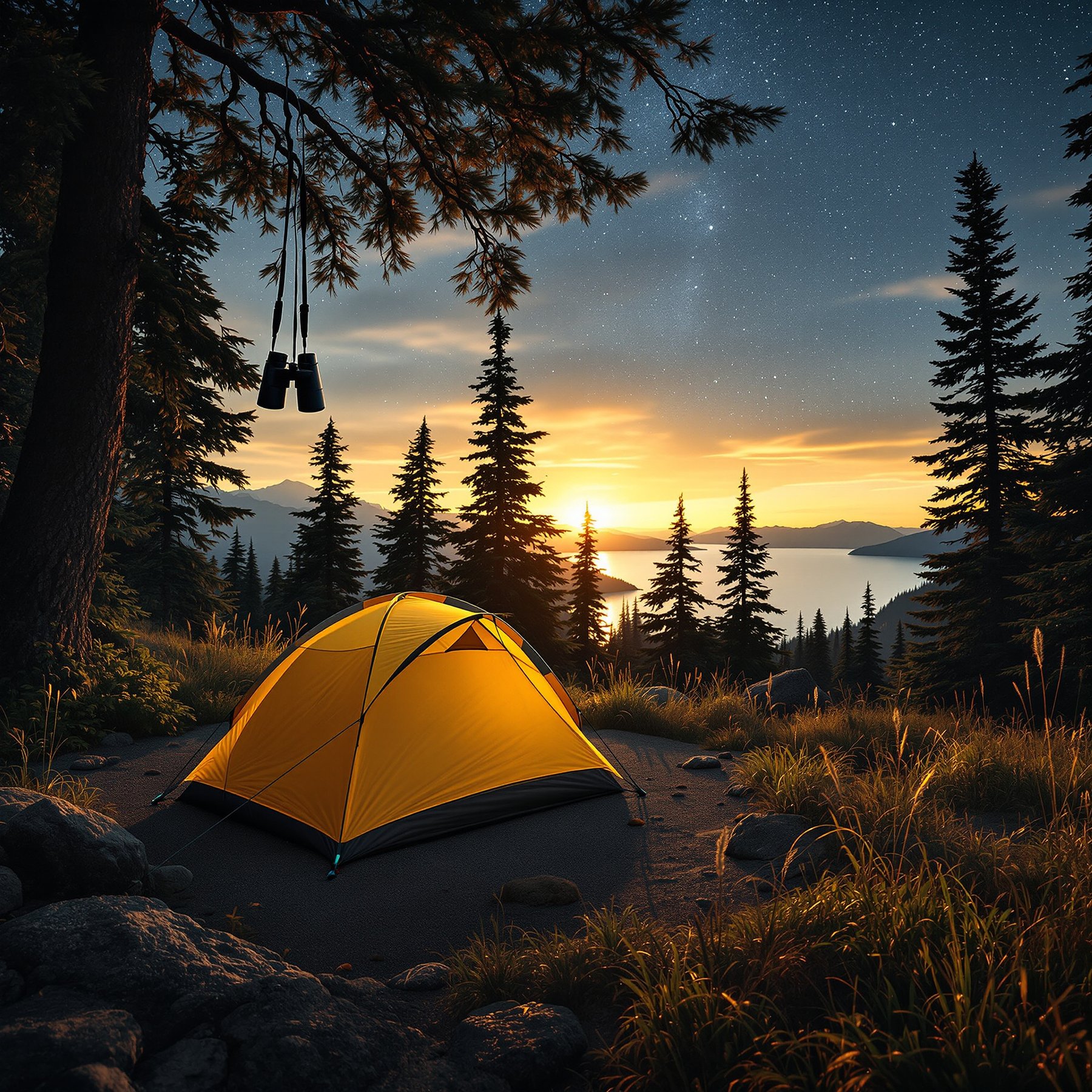 A bright yellow tent sits in a peaceful forest, looking out over a calm lake at sunset. Tall pine trees surround the campsite, and the sky is filled with twinkling stars. It feels quiet, cozy, and full of adventure.