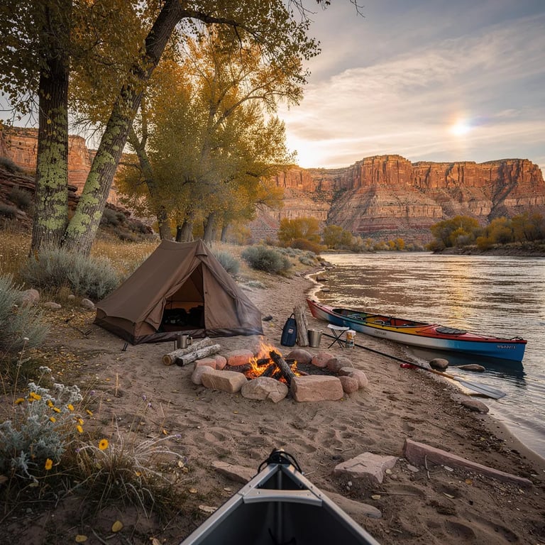 A small brown tent sits on a sandy riverbank as the calm water glows in the golden sunset. Red rock cliffs rise far away, and cottonwood trees and tiny wildflowers line the shore. A kayak rests half on the sand beside a paddle, and a campfire ring holds warm, glowing coals. The air looks chilly and crisp, but the whole place feels quiet and peaceful.
