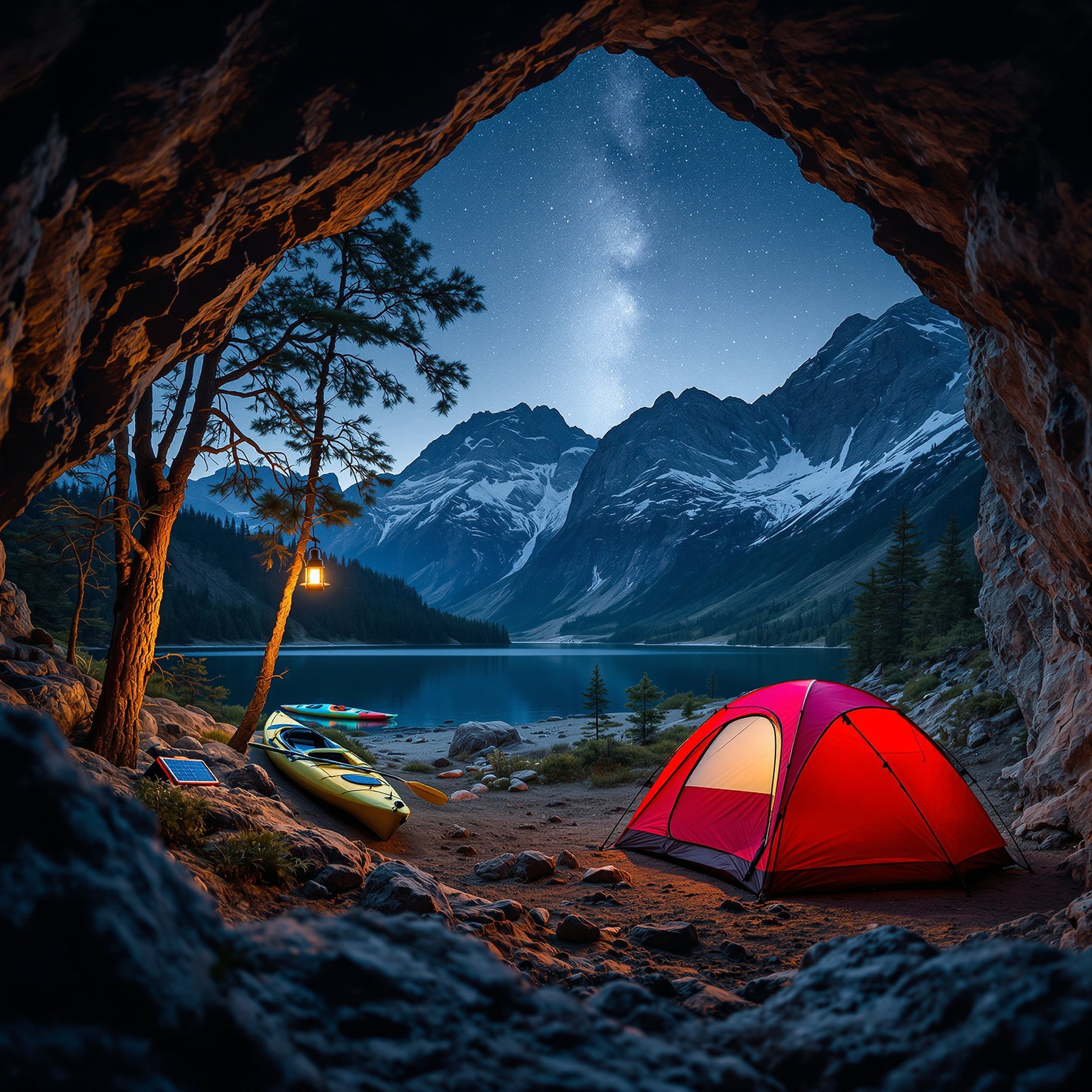 Camp under a bright starry sky by a calm mountain lake, with a red tent and colorful kayaks waiting by the water. Pine trees and tall snowy mountains surround the peaceful campsite. The glowing lantern adds a warm, cozy touch to the night.