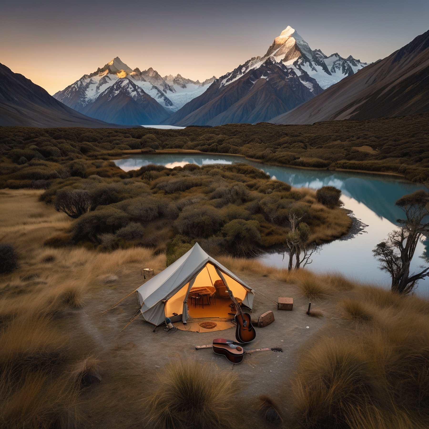 A tan tent rests beneath tall trees in the quiet night of Mount Cook National Park. Rolling hills and a nearby lake shimmer in the distance, while animal tracks mark the dirt. A wooden guitar sits beside the tent as the cool breeze moves through the campsite.