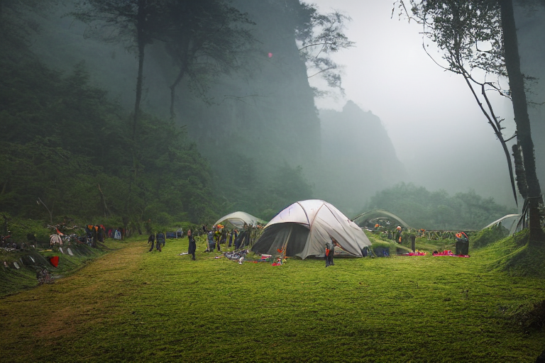 A forest-green tent rests on a rough dirt clearing in the misty Zhangjiajie forest. Small flowers brighten the ground, while a warm flashlight glow shines from inside the tent.