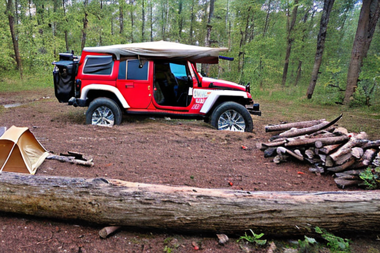 A red Jeep with its rooftop tent stands beside a quiet stream in a rough, wooded campsite. A campfire and large logs sit on the dirt as soft sunrise light shines through the cloudy sky.