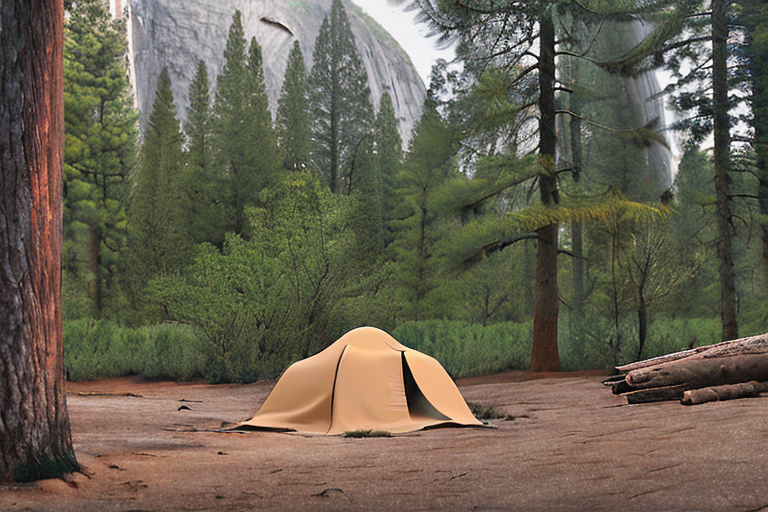 A brown tent rests on a dirt clearing in Yosemite, surrounded by ferns and small trees. A stone-ringed campfire sits nearby, while a deer watches from the foggy forest in the distance.