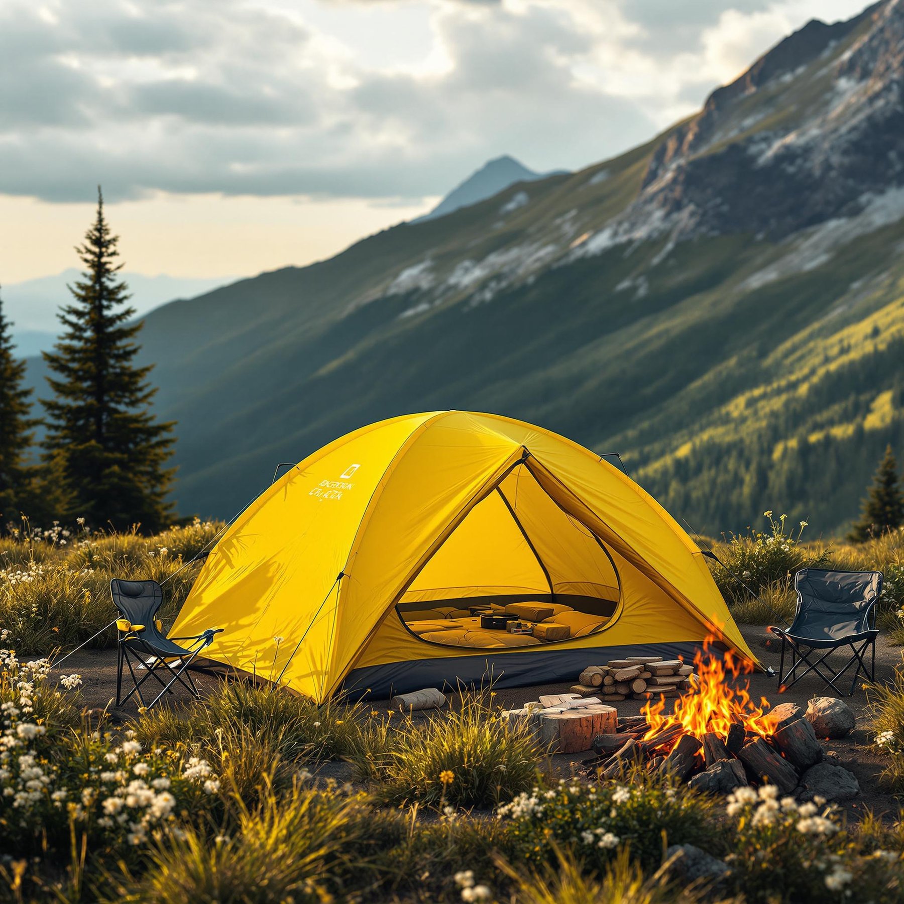 A bright yellow tent rests in a breezy mountain meadow filled with tall grass and rare wildflowers. Nearby, a camping chair, gear box, and neat stack of firewood create a cozy camp beneath the warm late-afternoon light.