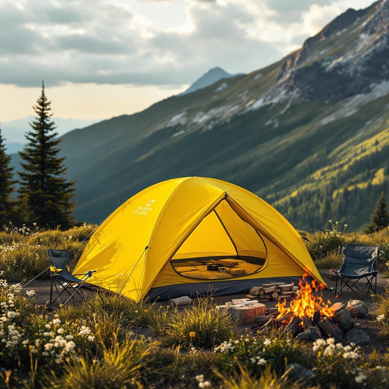 A bright yellow tent rests in a breezy mountain meadow filled with tall grass and rare wildflowers. Nearby, a camping chair, gear box, and neat stack of firewood create a cozy camp beneath the warm late-afternoon light.