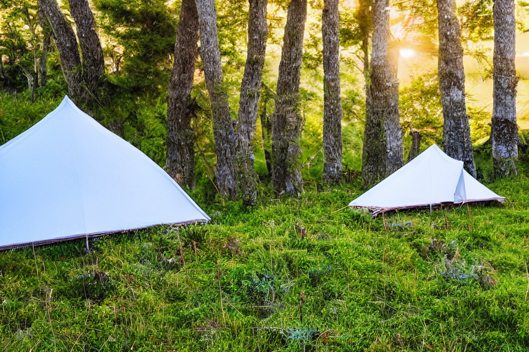 A cozy tent sits beside a warm campfire on a rainy evening in Santorini. Mossy trees, tall grass, and small flowers surround the dirt campsite, while a deer watches from the distance.