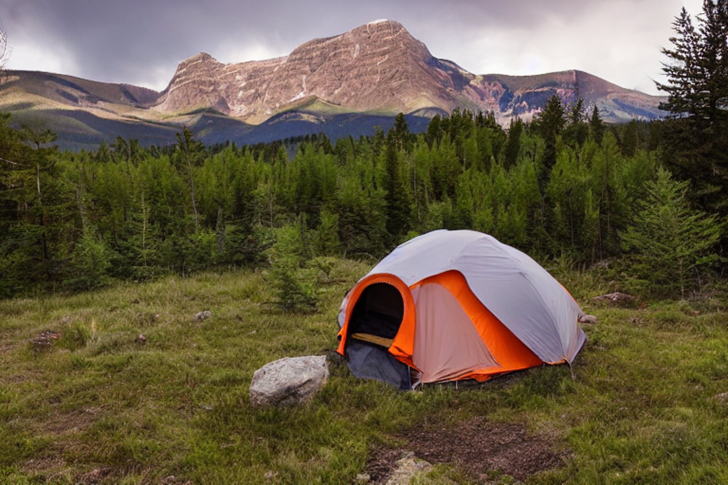 A gray and orange tent rests on a damp campsite in Montana as rain falls at dusk. Ferns and large stone slabs surround the dirt clearing, with a mountain rising in the distance. A small flashlight glows through the mist nearby.