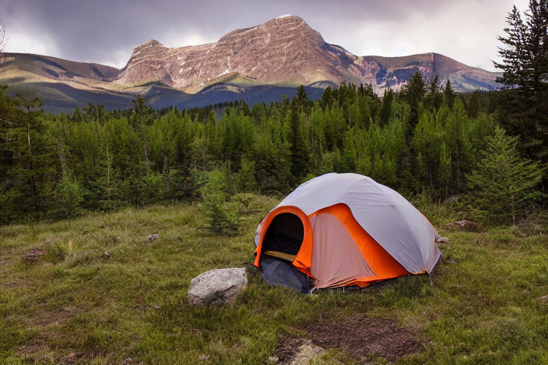 A gray and orange tent rests on a damp campsite in Montana as rain falls at dusk. Ferns and large stone slabs surround the dirt clearing, with a mountain rising in the distance. A small flashlight glows through the mist nearby.