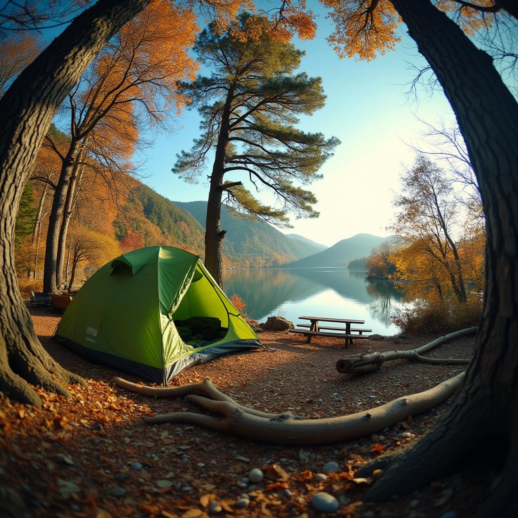 A green tent rests beside a warm, steaming hot spring under tall trees. Fall leaves brighten the peaceful campsite, with a picnic table and a small twig on the ground. Seen from a hammock, the clear blue sky makes the afternoon feel calm and cozy.