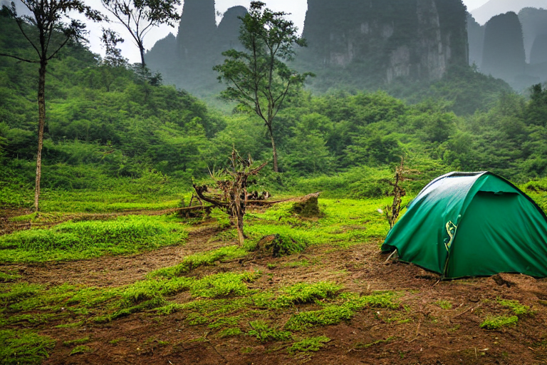 A green tent rests on a quiet dirt campsite in Zhangjiajie, China. Tall grass, rocky ground, and a small wooden twig surround the tent beneath a clear blue sky.