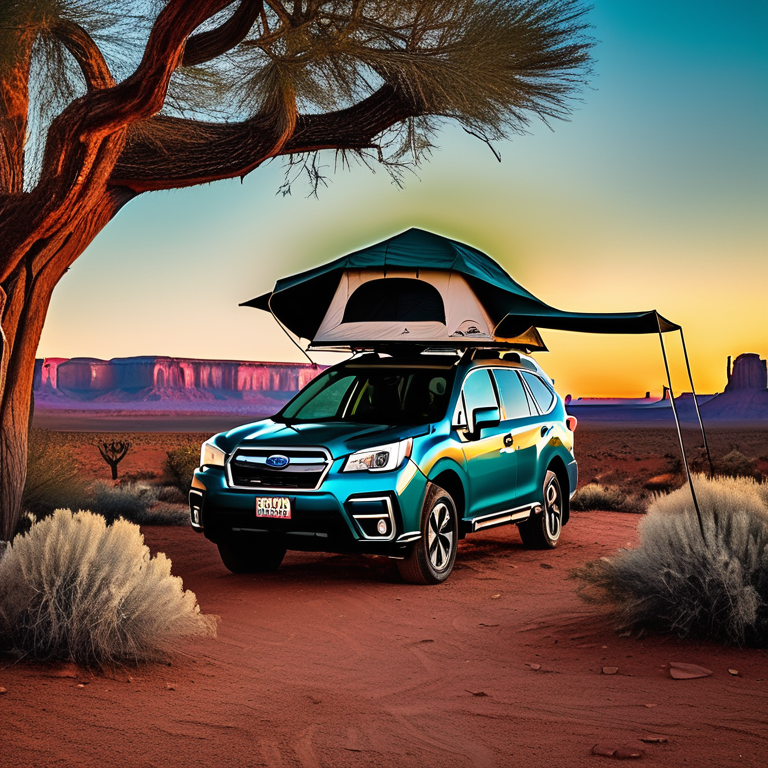A teal Subaru with its rooftop tent open rests at a peaceful campsite in Monument Valley. Warm sunset light shines over red rocks, tall grass, berry bushes, and scattered stones.