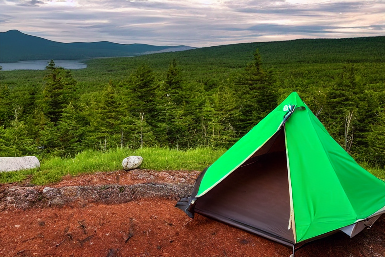 A green tent rests on a quiet campsite in Acadia National Park. Mountains rise in the distance under a clear blue sky. A wooden guitar and a large log sit near the campfire, adding a cozy touch.