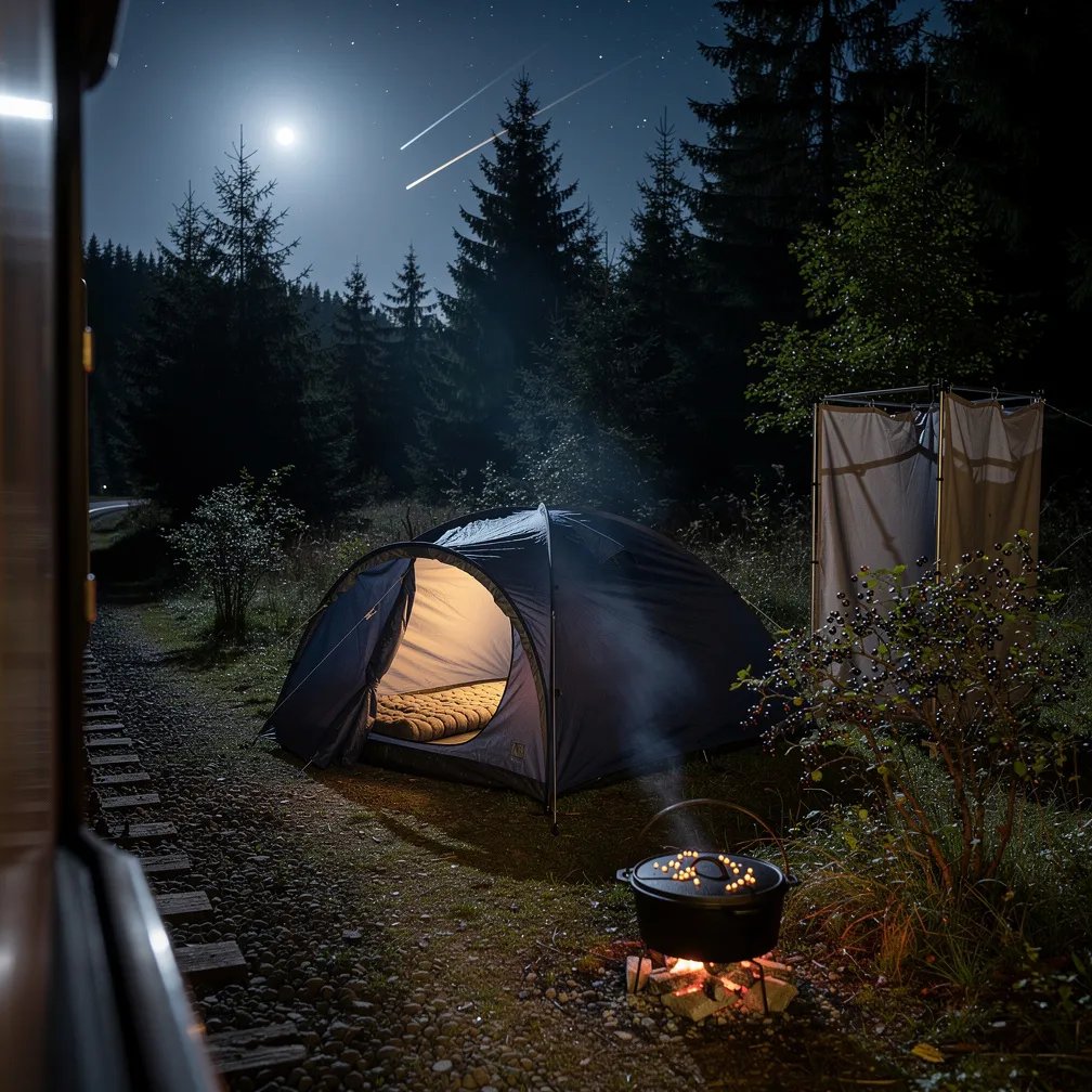 A navy blue tent glows softly in a quiet forest clearing under the moon and stars. Faint meteors streak across the sky while cool air and a little smoke drift over a dutch oven sitting on warm coals. A dew-covered berry bush and a small outdoor shower screen make the camp feel wild but cozy, right beside a gravel rail line.